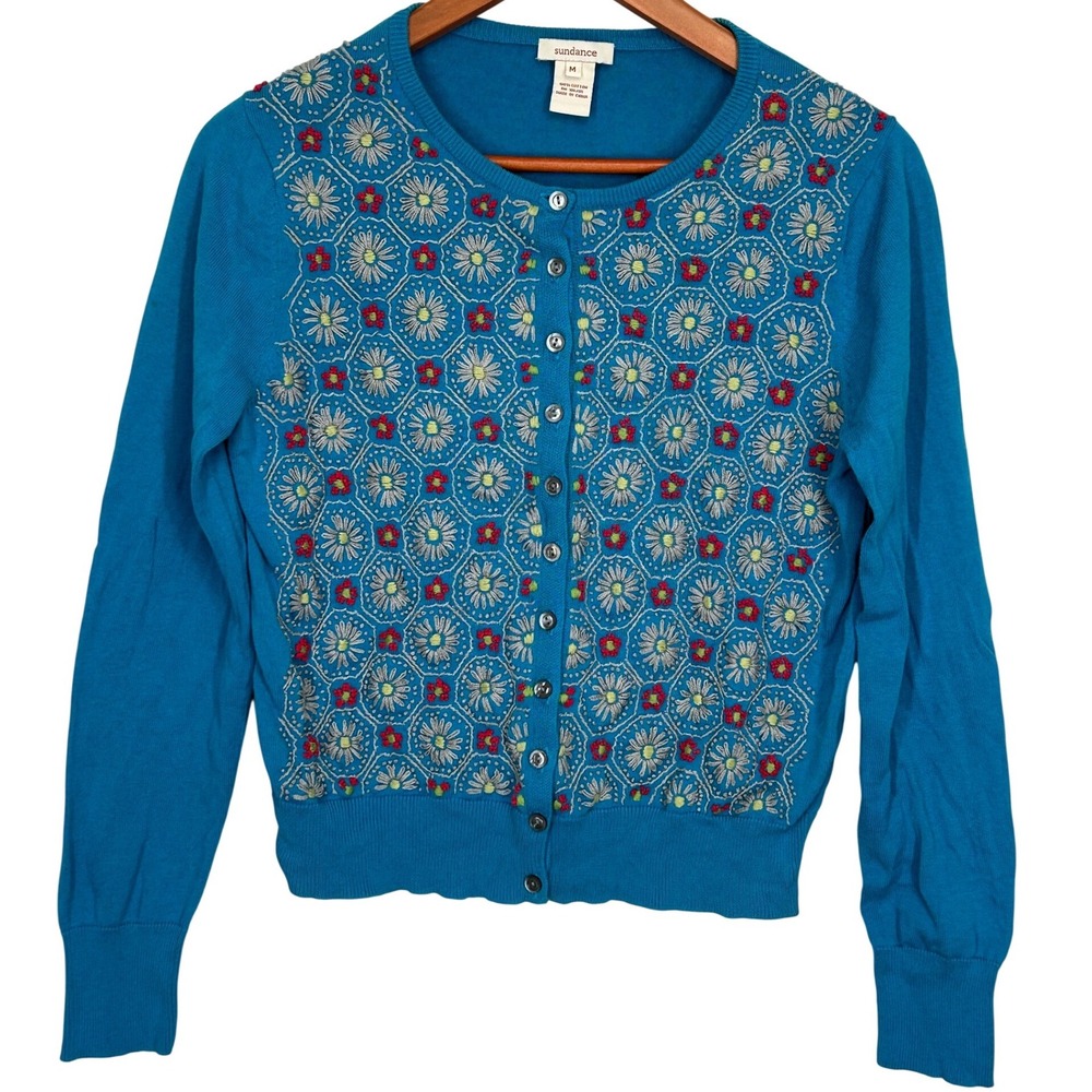 Pretty Blue Sundance Button Up Cardigan Embroidered Floral Front Women's‎ Medium